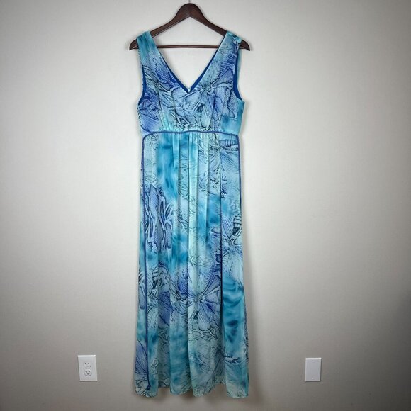 Boston Proper Maxi Dress Women Medium Blue Tonal Print Sleeveless Stretch V-Neck - Picture 1 of 12